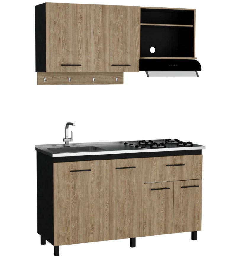 Kit de cocina Alani 150 cm wengué y miel incluye fregadero y cocina de gas incorporada