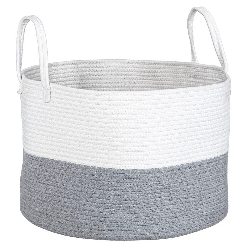Canasta para ropa de cuerda de algodón cilindrica 65 L blanco y gris con agarraderas